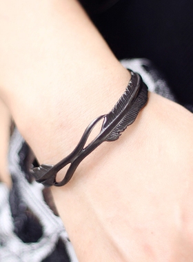 欧美风饰品哑光黑色钛钢羽毛手环