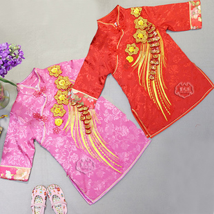 新年装冬女童唐装儿童金凤刺绣棉旗袍2-8周岁宝宝庆生礼服棉裙衣