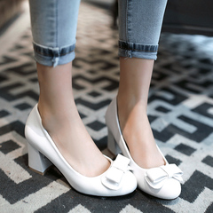 Designer shoes asakuchi bow shoes in spring 2015 head rough heels temperament ladies fashion high heel shoes footwear