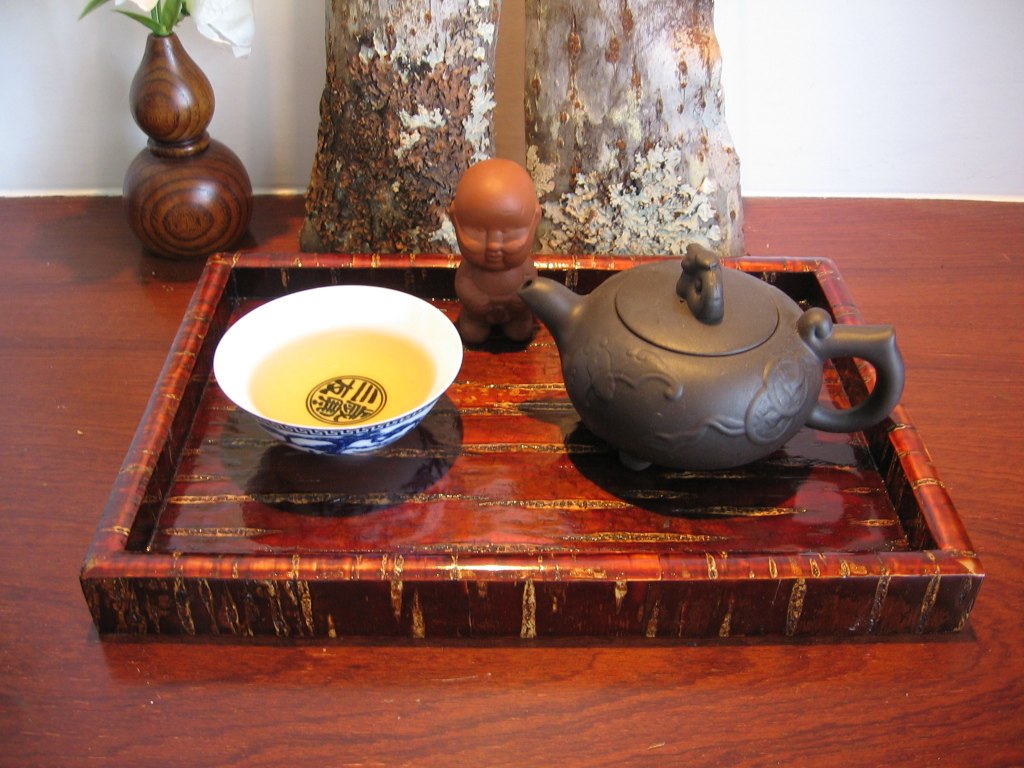 日式木制大漆樱皮长方手工茶托盘
