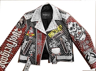 美国代购 手作哥特朋克摇滚嬉皮铆钉手绘皮革夹克外套 Jacket㊣