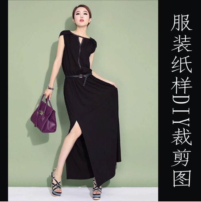 大摆晚装长裙实物纸样1:1裁剪图开衩连衣裙长裙纸样DIY裁剪版 725图片