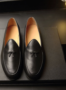 夏季英伦风小皮鞋男士套脚一脚蹬真皮乐福鞋 蝴蝶结商务休闲皮鞋