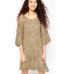 定制波西米亚风纯手工钩织六分袖休闲连衣裙子裙装针织衫洋装1192