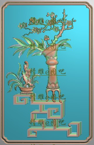 博古兰花花盆精雕图jdp灰度图浮雕图精品梅花花瓶背板175x270新款