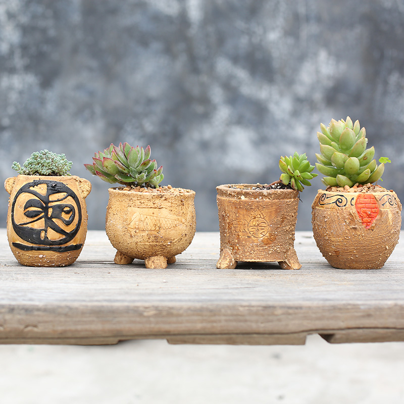 中式 仿古做旧仰韶文化多肉花盆 创意迷你粗陶花盆 个性小花盆