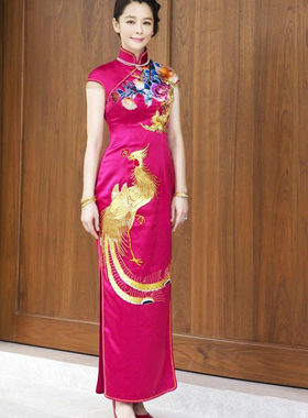徐若瑄40姆米重磅真丝绣花金凤牡丹结婚宴会礼服唐装旗袍定制做