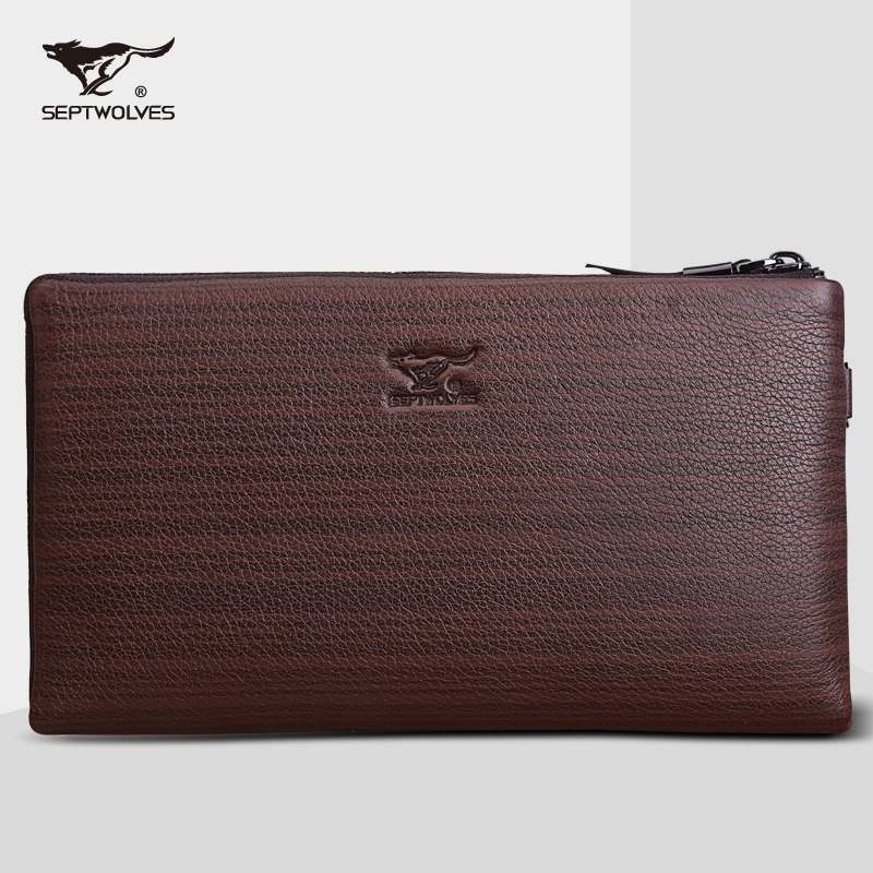 七匹狼钱包手拿包牛皮拉链钱夹真皮长款大容量新款男士皮夹手抓包