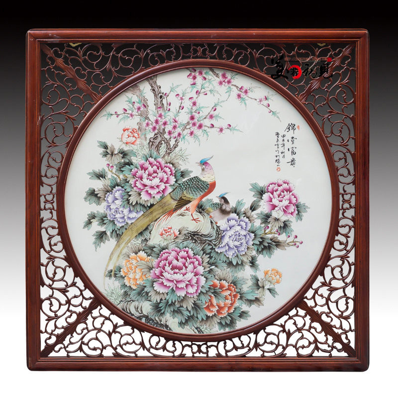 景德镇名家手绘圆形瓷板画锦堂富贵 中式客厅装饰画玄关挂画壁画