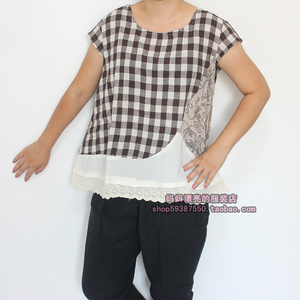 雪蓝衫大码女装新款上衣夏季韩版原创格子衬衫雪蓝杉棉麻t恤