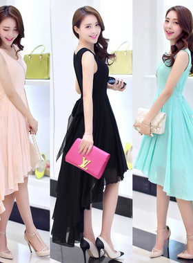 波西米亚不规则沙滩裙前短后长裙摆燕尾裙雪纺连衣裙夏中长款修身