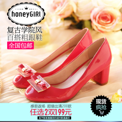 New retro shoes asakuchi spring/summer #honeyGIRL2015 side buckle bow shoes chunky heels high heels woman