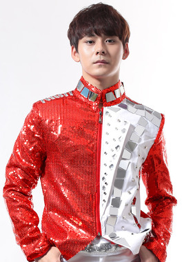 夜店男歌手酒吧DJ摇滚朋克红色亮片反光镜片铆钉外套表演演出服男