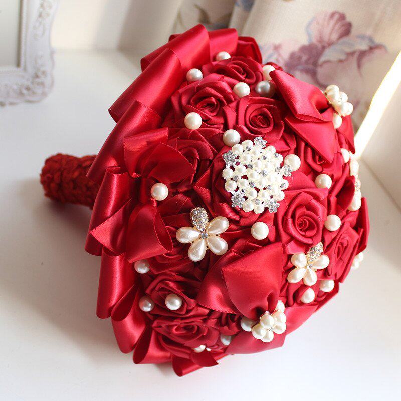 主题婚礼 手工DIY珍珠水钻绸缎带玫瑰花新娘手捧花定制伴娘捧花