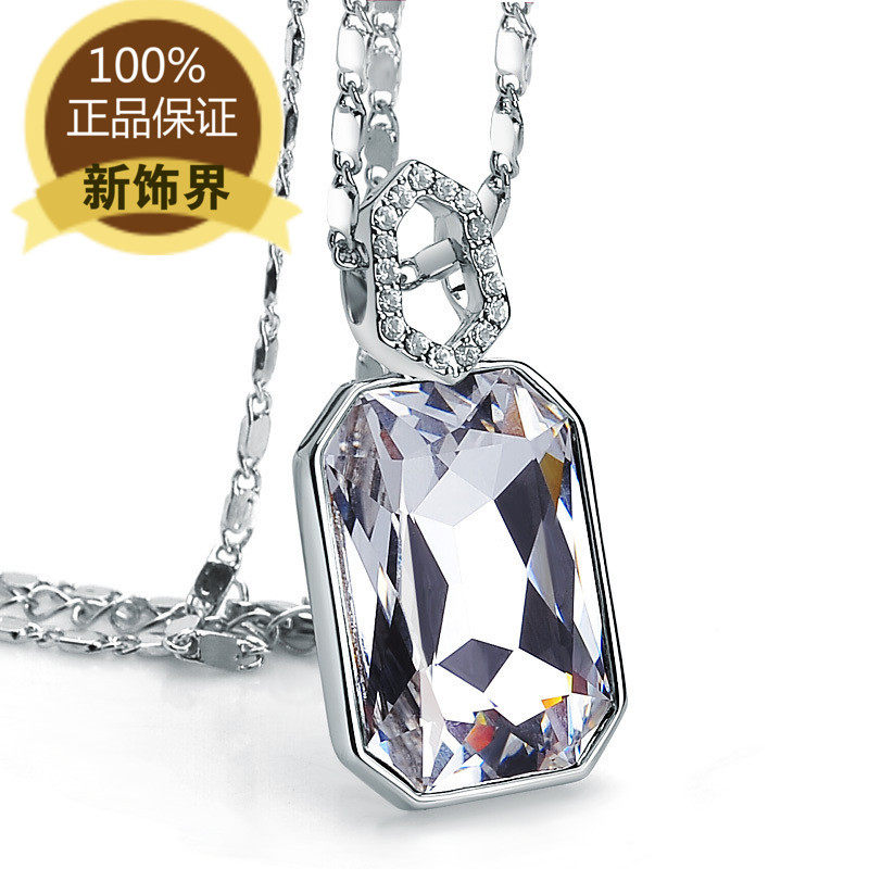 新饰界 大方形水晶毛衣链女吊坠项链925纯银项饰品 韩版高档正品