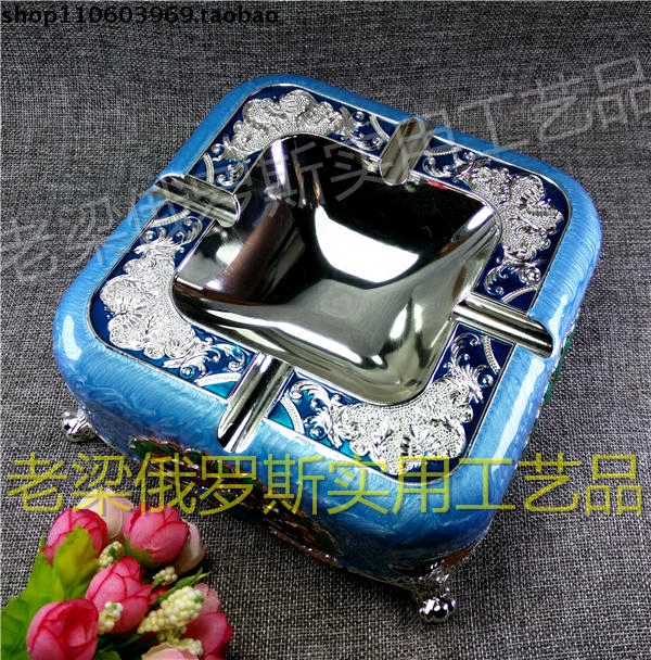 Z1特价俄罗斯锡金属烟灰缸箭头角正方形银天蓝色开屏孔雀欧式厚重