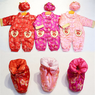 秋冬新生婴儿唐装棉鞋BB帽棉爬服女宝宝满月抓周岁服哈衣三件套装