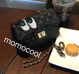 momocool韩国东大门眼睛包 个性真皮亮片菱格小挎包 小方包荔枝纹