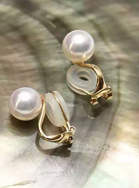 简约G18K黄金无耳洞耳夹耳扣女无痛软垫天然淡水珍珠正圆形白色