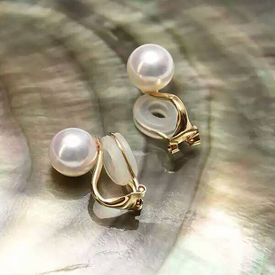 简约G18K黄金无耳洞耳夹耳扣女无痛软垫天然淡水珍珠正圆形白色