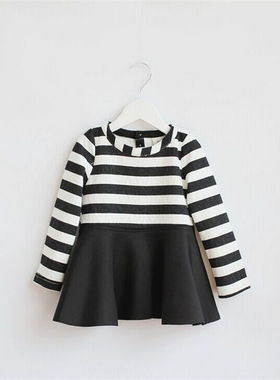 韩版宝儿童装连衣裙女童圆领条纹拼接裙21706有染色