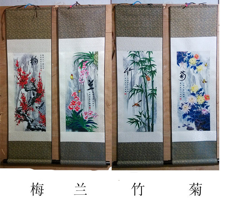 花鸟画国画丝绸卷轴画梅兰竹菊四君子图酒店宾馆办公室家居装饰画