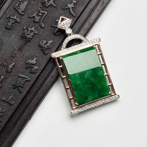 缅甸天然翡翠A货满绿方牌18K玖瑰金镶玉镶钻吊坠白金挂坠女款玉坠
