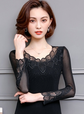 2025秋装新款蕾丝低领打底衫女长袖短款显瘦百搭网纱上衣t恤小衫