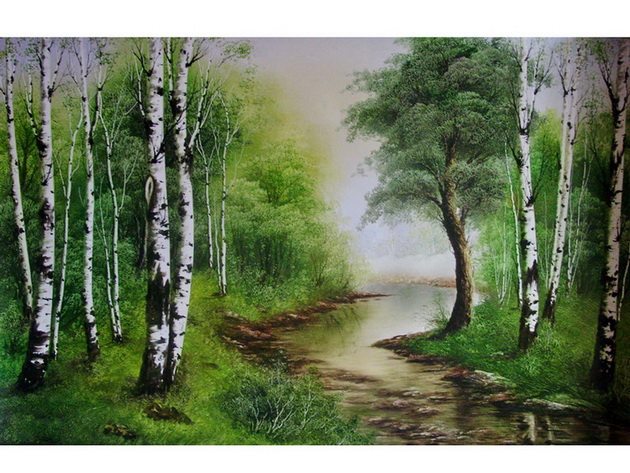 手绘客厅办公室挂画 壁画 东北敦化刀画 流水 白桦树 春景 风景画