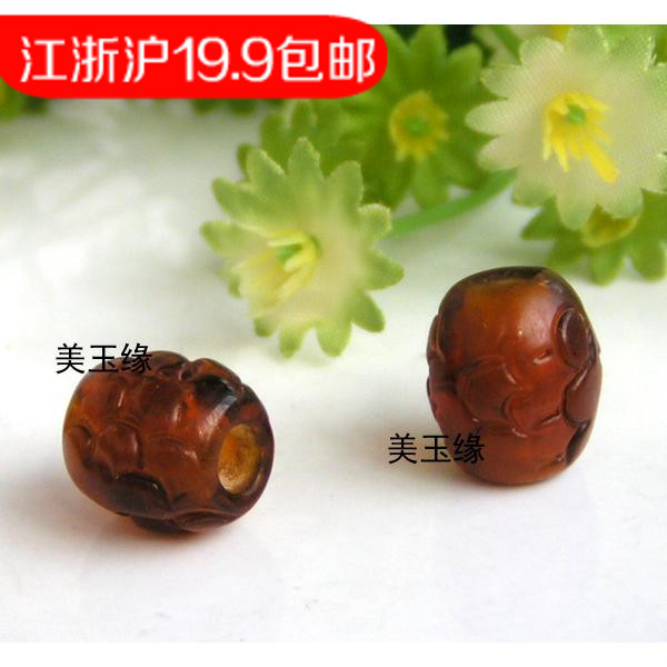 【美玉缘】DIY散珠 手工老琉璃玉米纹 雕花桶珠 深琥珀色 14*11mm