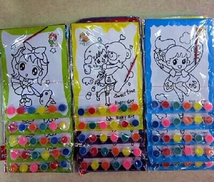 diy六连体儿童水彩画19包邮2副图配6色颜料1支刷金粉胶画沙画