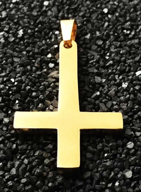 钛钢金色吊坠项链皮绳倒十字架