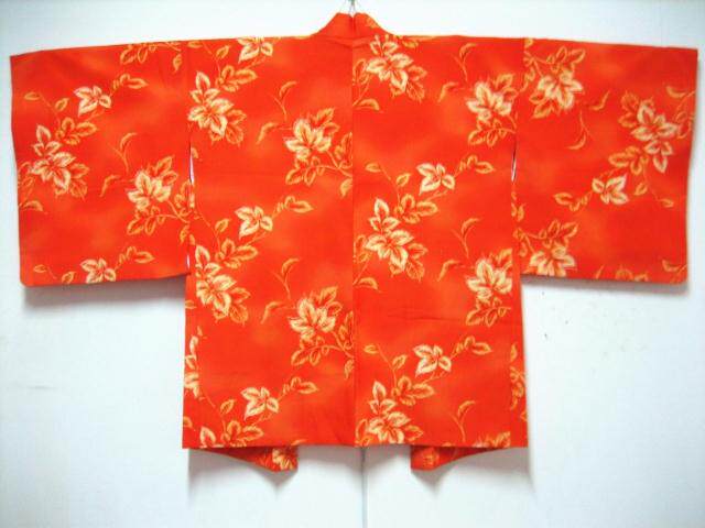 {桜月夜}日本进口 中古正装和服外套 正绢橙色花草柄羽织 vintage