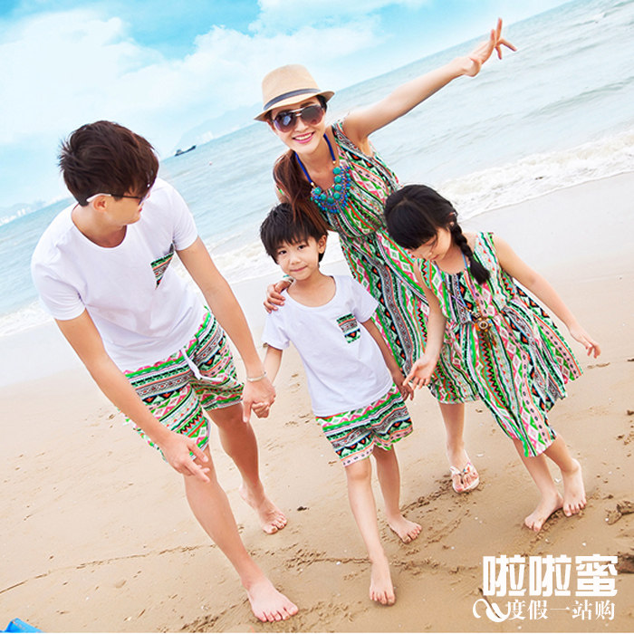 啦啦蜜 度假亲子装情侣装民族风男T恤套装女沙滩裙夏天连衣裙长