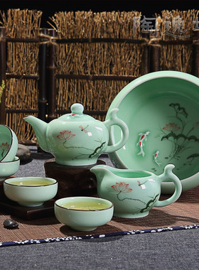 陶瓷青花浮雕手绘整套功夫茶具