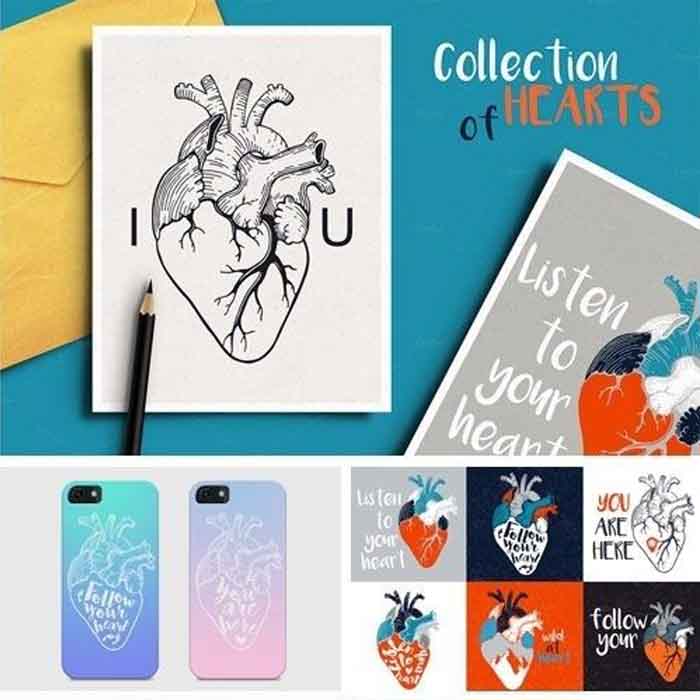 [368]卡通复古心脏插画线稿素描速写英文励志短语 AI矢量设计素材
