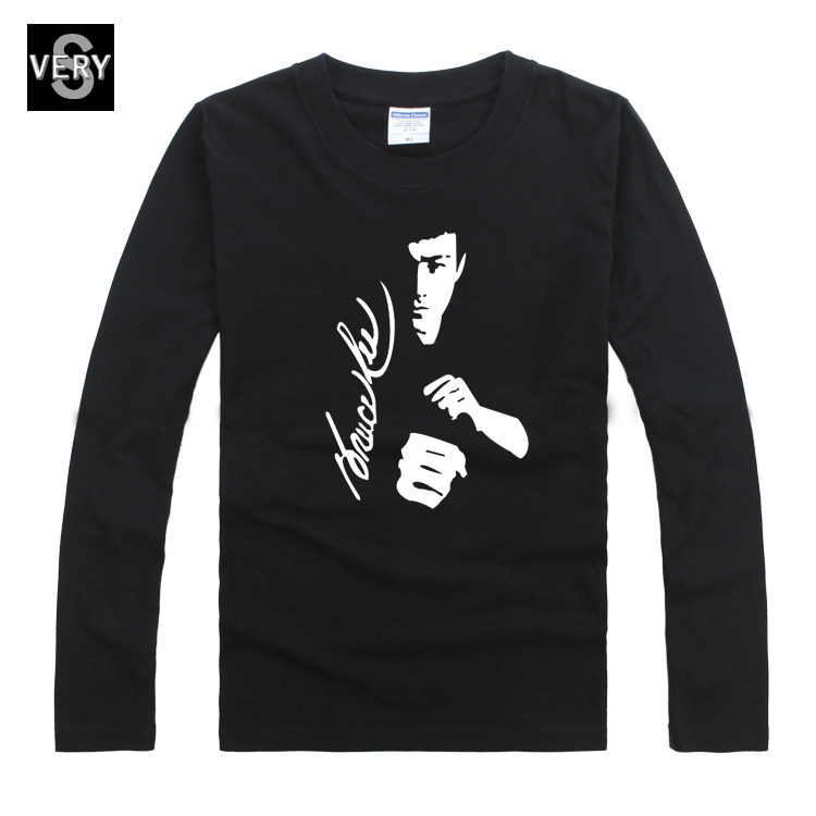 中国功夫打拳击李小龙图案服装散打武术格斗长袖t恤上衣服男秋季