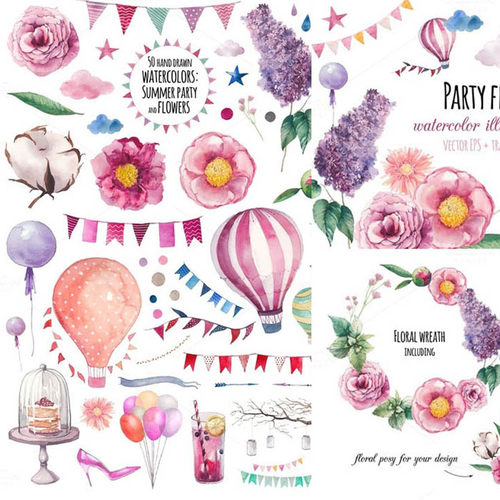 A1898矢量水彩花朵气球饮料聚会PARTY公主风 AI设计素材+PNG免抠
