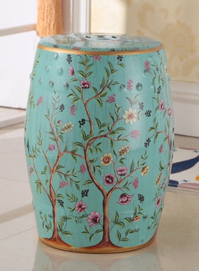 美式乡村新中式换鞋凳花鸟陶瓷鼓凳仿古凳鼓墩绣墩瓷凳古典梳妆凳