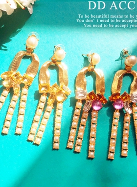 DD进口高端 镀12k真金金属拉丝几何镶钻彩色宝石珍珠长条流苏耳环