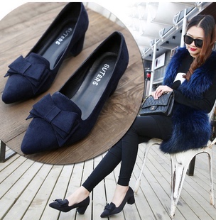 单鞋2017春秋新款韩版33小码粗跟蝴蝶结尖头瓢鞋41大码女鞋子40潮