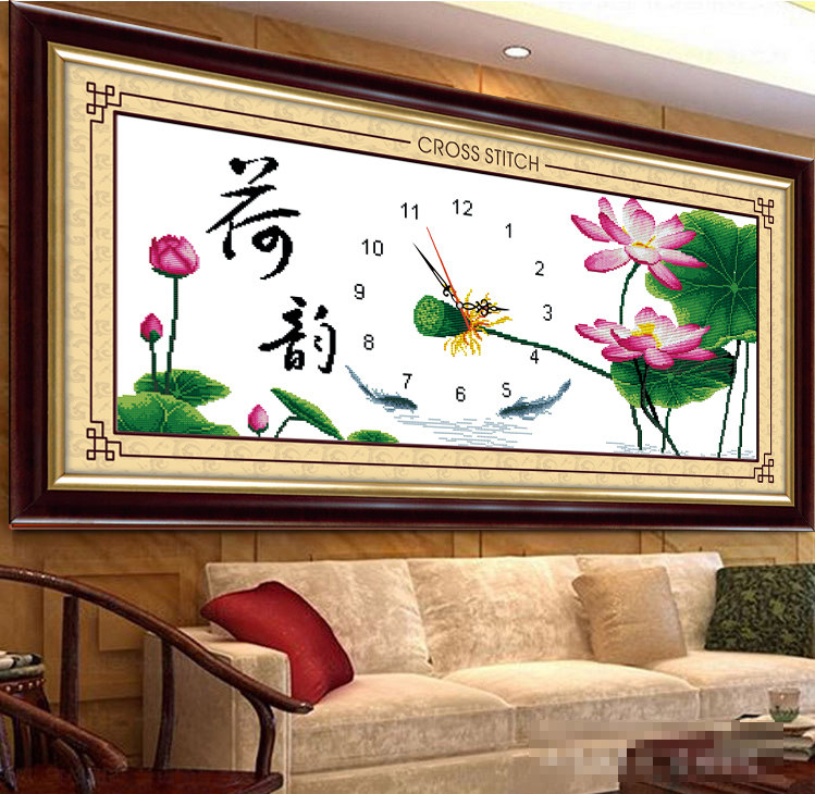 印花十字绣钟表挂钟客厅卧室荷韵花卉系列双鱼图简约丝线十字秀