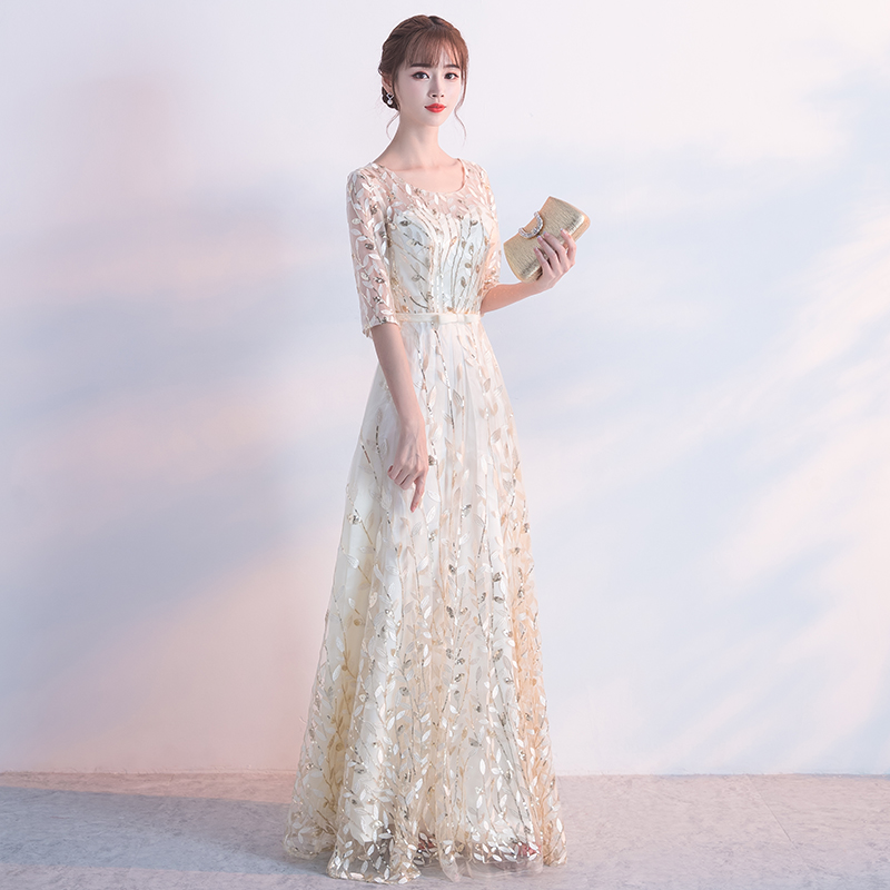 晚禮服裙2018新款宴會長款香檳色伴娘服顯瘦端莊大氣一字肩主持女