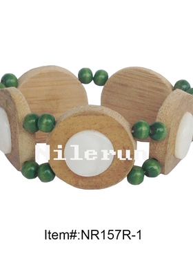 时尚创意绿色小佛珠镶白色贝壳竹片手链