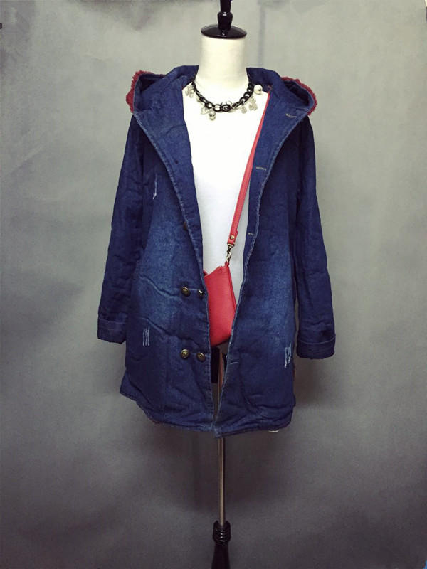 2024新款冬装韩版学院宽松磨烂羔羊绒拼接牛仔外套加厚棉衣