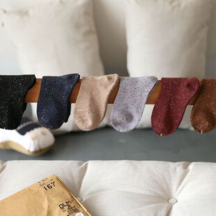 彩点羊绒中筒袜子女 冬季羊毛保暖袜日本女士素色简约款棉袜女袜