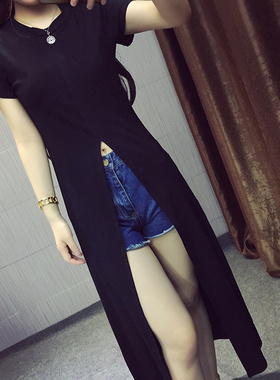 特价常规夏季韩版红色圆领灰色周岁白色中长款短袖大气纯色T恤