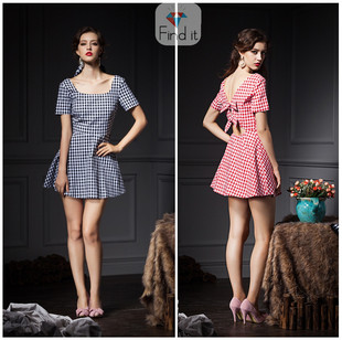 仅S现货 品牌单欧美短袖蝴蝶结露背红色格子连衣裙时尚小洋装短裙