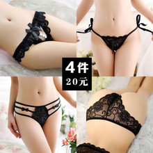 Sexy ren trong suốt thong ladies thắt lưng thấp tie màu rắn 裆 bông đồ lót hoa hollow bow T quần