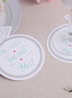 RedBox婚礼布置用品 He Asked SHE SAID Yes环保纸卡钻戒杯垫12片